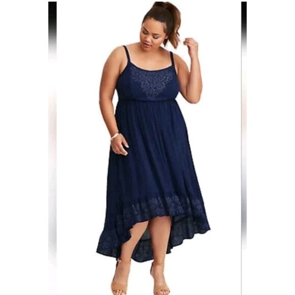 TORRID Dress Plus 2X Long Blue Embroidered Hi Lo Ruffle Hem Maxi Tank Sundress - Picture 1 of 8